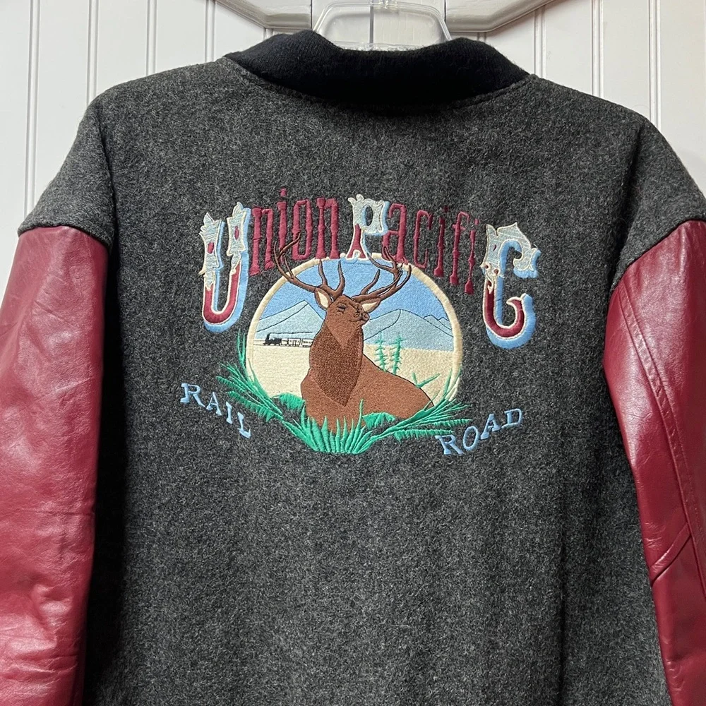 90s Union Pacific Railroad Letterman Varsity Jacket XXL Vintage Leather - Picture 2 of 7